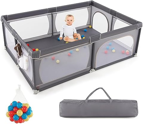DREAMADE 200 x 140 cm Baby Laufstall, Laufgitter mit 50 Bällen & Tragetasche, Krabbelgitter für Kinder im Innen- & Außenbereich (Dunkelgrau, ohne Matratze)