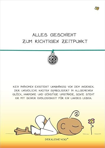 Glücksschmiedin - Motivations Geschenk - der kleine Yogi Richtiger Zeitpunkt - Grußkarte mit elastischem Armband in TÜRKIS und silberfarbenem unendlichem KNOTEN-Anhänger, handgefertigt