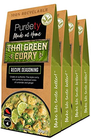 Pureety | GLUTEN FREE Thai Green Curry Recipe Seasoning | Restaurant quality meals made at home | One pack serves four | x 4 packs