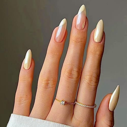 24Pcs Almond French Press on Nails Short, Yellow Glossy Acrylic French Tips Fake Nails, Ballerina False Nails with Waves Designs Full Cover Stick on Nail for Women and Girls