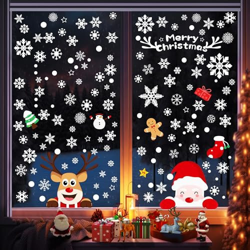 ZeMu Christmas Window Stickers Reusable, Double Sided Peeping Santa Rudolph Reindeer Xmas Scene Stickers with Snowflakes PVC Decals Display Decorations for Glass/Door/Indoor/Outdoor, 2 Sheets Large