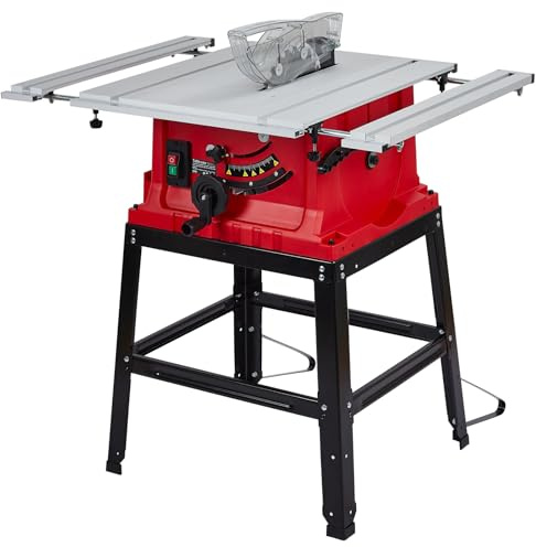 PIONEERWORKS - 10 Inch 15A 5000RPM Portable Table Saw with Stand and Safety Switch, Push Rod, 90° Cross Cut and 0-45° Cutting, Multifunctional Table Saw