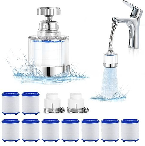 Wasserfilter Wasserhahn 360° Wasserhahn Filter Wasserhahn Aufsatz mit 9 Stück PP-Baumwollfilterelement und Wasserhahn Verlängerung Wasserhahn Entkalker Aufsatz Wasserhahnfilter für Badezimmer Küche