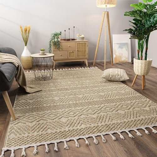 Paco Home Teppich Wohnzimmer Schlafzimmer Kurzflor Skandinavisches Boho Muster Geometrische Optik Einfarbig Fransen Moderne Deko, Grösse:240x340 cm, Farbe:Natur