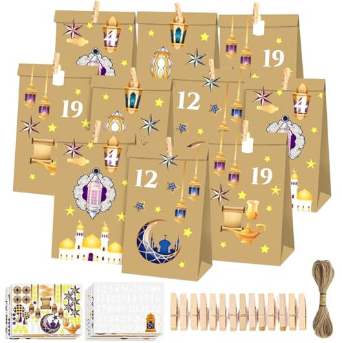 Ramadan Tüten, Eid Mubarak Geschenktüten, Ramadan Kalender Tüten, Ramadan Tüten zum Befüllen, Eid Mubarak Tüten, Ramadan Süßigkeiten Tüten mit Aufkleber, Kraftpapiertüten für Geschenke Verpackung