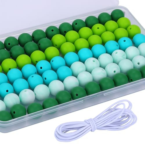 WEWAYSMILE 80pcs 15mm Silicone Beads, Bulk Round Silicone Beads, with 2 Meters Elastic Beaded Rope for Bracelet Keychain Lanyards Jewelry DIY Crafts