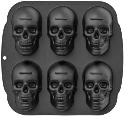 Hanabitx Stampo in silicone per tortiera a forma di teschio di Halloween, 6 cavità, stampo in silicone 3D a forma di teschio pirata, nero durevole