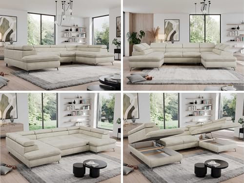 MKS MEBLE Sofa U, Wohnlandschaft U-Form, Ecksofa mit Schlaffunktion und Bettkasten, Schlafsofa mit Bettkasten, Couch mit Verstellbare Kopfstützen - Pedro U - Beige Velvet Hydrophob