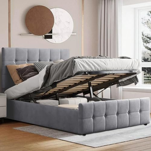 Ottoman Gas Lift Up Bed Frame, Upholstered King Size With Wooden Slats, Space Saving Storage, UKFR Velvet in Dark Grey - 5ft, No Mattress