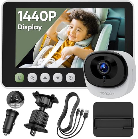 bonoch 1440P Baby Kamera Auto USB C mit Vollkristall Nachtsicht, 5 Zoll Baby Auto Spiegel mit Kamera für den Rücksitz Nach Hinten Gerichtet, Einfache Einrichtung, 4X Zoom, USB Powered, Air Vent Mount