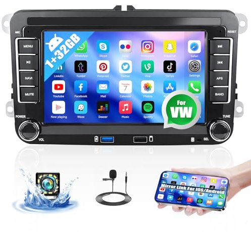 CAMECHO Autoradio Android 13 Doppel din für VW Golf 5 6 Polo Passat Skoda mit Navi, 7 Zoll Bildschirm Autoradio 2 DIN mit Mirror Link GPS WiFi Bluetooth FM/RDS SWC +Rückfahrkamera