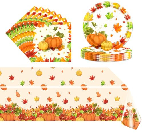37Pcs Autumn Party Tableware Set,Fall Pumpkin Paper Plates, Napkins and Tablecloth Sets,Thanksgiving Day Dinnerware Sets,Fall Maple party Tableware for Autumn Thanksgiving Day Theme Party Supplies