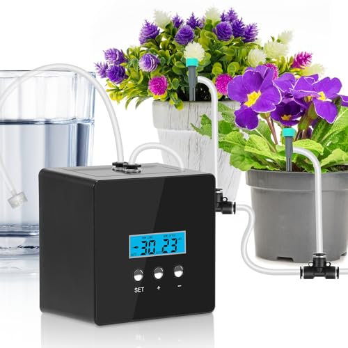 DAOTAILI Sistema de riego de plantas de interior, kit de riego automático por goteo de 10 macetas, temporizador programable, bomba autocebante, plástico, estilo goteo