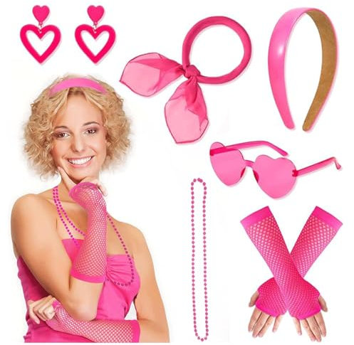 Snowtain Kit Déguisement des Années 80 90,Colliers, bandeaux, boucles d'oreilles, lunettes de soleil, foulards, gants en maille,80 Fluo Costume Annee 80 Disco pour les fêtes de carnaval (rose).