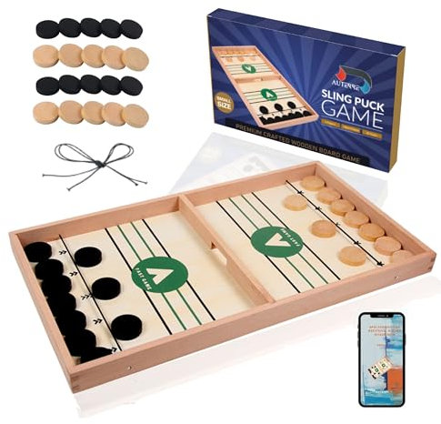 AUTERRE® Sling Puck Game - Sling Puck Spiel großes -Tisch Hockey aus Holz für Erwachsene und Kinder -Hochwertiges Sling Puck Spiel aus Holz - eBook Fast Sling Puck Spielregeln (Small)