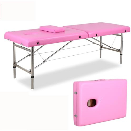 Camilla Masaje Plegable Mesa de Tatuaje PortáTil Cama de PestañAs Ajustable Marco de Aluminio 3 Cama de Spa Plegable con Bolsa de Almacenamiento Y Almohada, Cama de Spa con Orificio for Respirar(Pink,