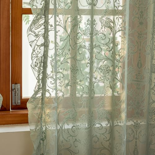 TUDECO Cottagecore-Vorhänge aus Spitze, 160 cm Länge, durchscheinende Vorhänge für Schlafzimmer, niedliche Rüschen, gewellte Kanten, lichtfilternde Stangentasche, grüne Vorhänge, 2 Stoffbahnen, 150 x