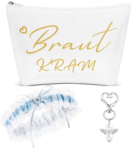 Xuniea 3er Set Braut Geschenke Bride to Be Braut Accessoires JGA Zubehör | Braut Kosmetiktasche, Hochzeit Strumpfband, Schutzengel Schlüsselanhänger, Für Brautparty Junggesellinnenabschied Verlobung