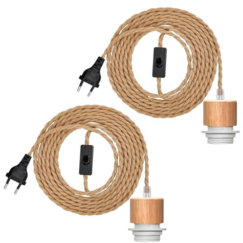 LAKONEI 2 Piezas Portalámpara Lampara Colgante de Madera con Interruptor y Enchufe, 500CM Cable de Colgante de Cuerda de Cáñamo, E26/E27 Lámpara Colgante Industrial Vintage (Sin Bombilla)