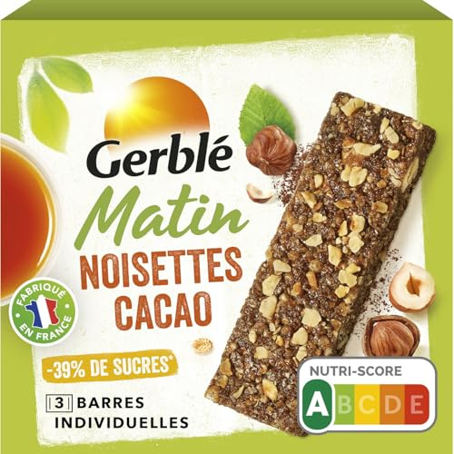 GERBLÉ MATIN – Barres Noisettes Cacao Petit Déjeuner – Riche en Fibres – Source de Vitamines – Cacao Durable – Nutri-Score A – 3 Barres –120 g