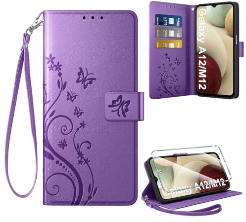 Coiwxmoi Coque pour Samsung Galaxy A12/M12 + 1 Verre Trempé, Retro Design Housse Premium en Cuir PU Pochette de Portefeuille pour Porte Cartes Fonction Stand Flip Etui pour Samsung A12, Violet