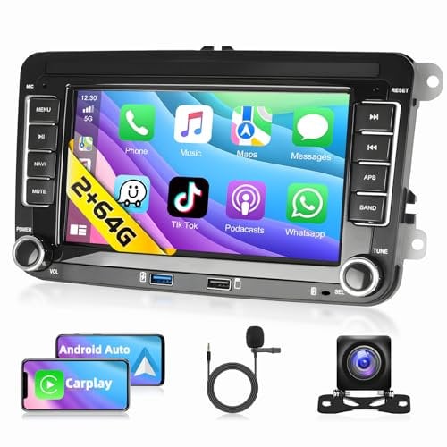 A-pple CarPlay Autoradio für VW Golf 5 6 Seat Skoda Passat Polo, 2G+64G Wireless CarPlay Android Auto Radio 7'' HD Touchscreen 2 Din Bluetooth Radio, GPS/WLAN/FM/RDS/USB+ AHD Rückfahrkamera & Mikrofon