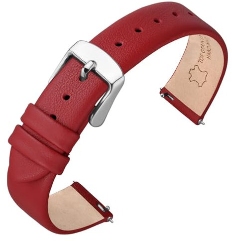 ANNEFIT Watch Straps for Men Women, Top Grain Leather Watch Band with Quick Release, Band Width 16mm with Silver Buckle (Red)