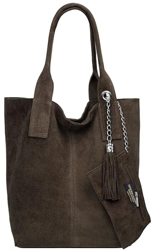 Caspar große Wildleder Shopper Schultertasche XL Damen Handtasche aus Leder mit stylischer Metallkette & kleiner Zusatztasche - CLASSIC LINE - Modell No.828 - Made in Italy, Farbe:dunkelbraun