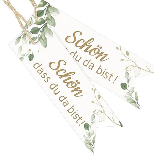 Luxoraiova 50 Stück Schön Dass Du Da Bist Anhänger, Eukalyptus Geschenkanhänger mit 10m Juteschnur, Etiketten Tags für Hochzeit, Taufe, Kommunion, Konfirmation, Party Deko & Gastgeschenke