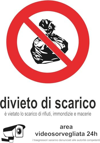 M-ITALY CARTELLO SEGNALETICO - DIVIETO DI SCARICO AREA VIDEOSORVEGLIATA - Adesivo Extra Resistente, Pannello in Forex, Pannello In Alluminio (Adesivo, 10x15 cm)