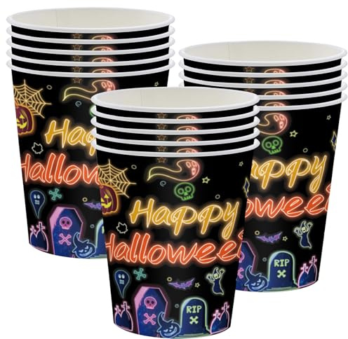 MOMAHUA 16 Stück Neon Glow Halloween Pappbecher Geschirr für 16 Personen, Halloween Becher Partygeschirr Set Inklusive 250ml Papierbecher Pappbecher Becher Dekor für Grusel Party Dekoration