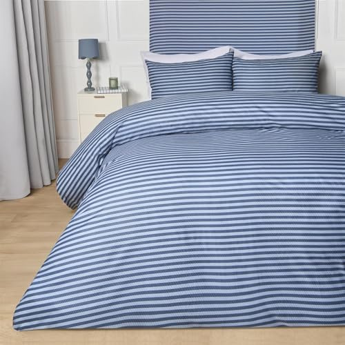 OHS Double Duvet Set, Super Soft Cosy Warm Microfibre Embossed Stripes Pattern Modern Reversible Double Duvet Cover Set with 2 Matching Pillowcases, Blue