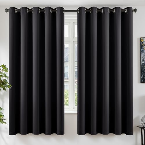 TOPICK Black Eyelet Blackout Curtains 72 Inch Drop, W66xL72 Inch, 2 Panels | Thermal Insulated Room Darkening Curtains for Living Room, Bedroom, Soundproof Window Curtains, Soft-feel Triple-weave Fabric