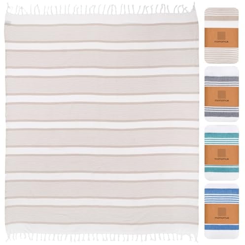 MOMOMUS Stranddecke XXL 210 x 240 cm, Große Picknickdecke, Beige | Strandtuch XXL zum Ausbreiten und Teilen: 210 x 240 cm, trockener Sand lässt sich abschütteln