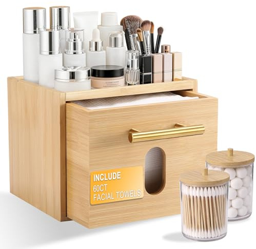 Face Towels Holder with 60 XL Towels, Disposable Towelettes Bamboo Box Cotton Balls Holders, Facial Towels Container with Drawer, Towels XL Organizer for Bathroom, Makeup Remover Dry Wipes Washcloths