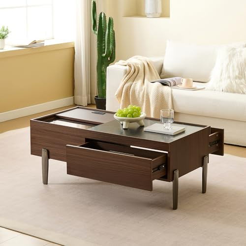 muenfly Table basse 105 x 50 cm avec tiroirs, plateau en verre et pieds en métal – Marron foncé, aspect marbre, couvercle coulissant, grand espace de rangement