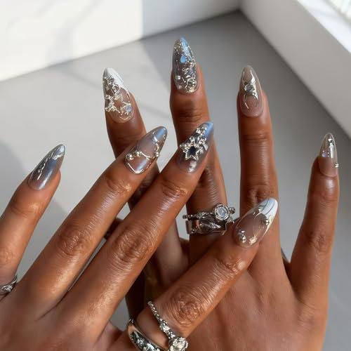 Cosblisvia Press On Nails Short Almond, False Nails with Glue for Women, 3D Silver Star Pearl Fake Nails for Girls, Reusable Stick On Nails for Party, Dating (Light Blue)