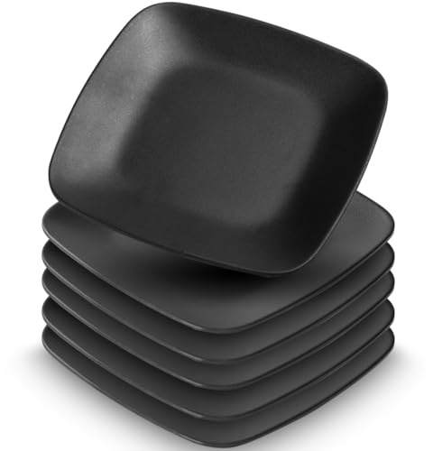 Umllpet Servierteller aus Steingut, 6 Stück Schwarze Dessertteller, Vorspeisen Teller Rechteckig Schwarz Matt, Spülmaschinengeeignetes Teller-Set, Eckig Dessertteller für Fleisch Sushi Snacks Salate