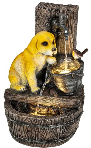 Outsunny Garden Water Feature with 3-Tier Rustic Puppy Design, Rustic Brown | Waterfall Outdoor Fountain, LED Lights, Adjustable Flow, Freestanding Resin Water Fountain, for Patio Garden