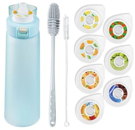 Gourde Sport, avec Lot de 7 capsules aromatiques pour bouteille d'eau, Pods parfumés pour eau aromatique 0 sucre, Sans BPA, bouteille d'eau étanche, pour gym, course à pied,Camping (light blue)
