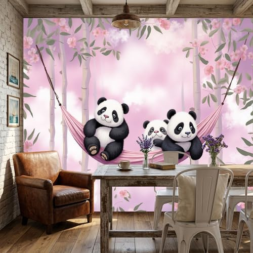 WunM Studio Photo Wallpaper Flowers and Clouds 250x175cm - Non-Woven Premium Art 3D Print Fleece Wall Mural Decoration Poster Picture Design Modern - Animal Panda,Non Self Adhesive