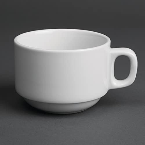 Classic White Stacking Tea Cup - Capacity: 200ml (7oz). Box quantity: 12. | Holds 7oz to brim—reclaims space via a space-saving stacking profile, with an imperial measurement reference.