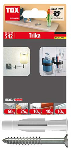 TOX Allzweckdübel TRIKA 6x51 mm + Schraube im Blister, zuverlässige Befestigung in fast allen Baustoffen, einfache Montage, mitdrehsicher und Dübelkappe schont die Oberfläche, 8 Stk., 011701061