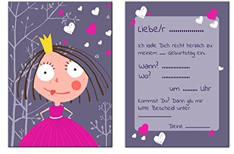 Einladungskarten Prinzessin Kindergeburtstag 5 Stück, Prinzessin, Einladung Kindergeburtstag