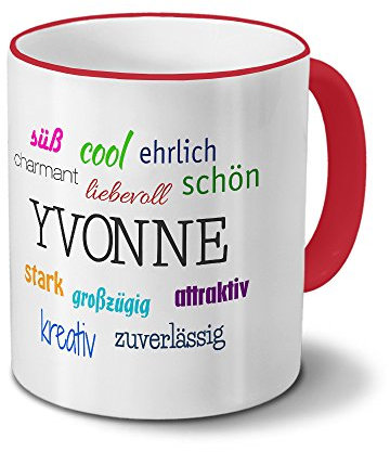 printplanet Tasse mit Namen Yvonne - Positive Eigenschaften von Yvonne - Namenstasse, Kaffeebecher, Mug, Becher, Kaffeetasse - Farbe Rot