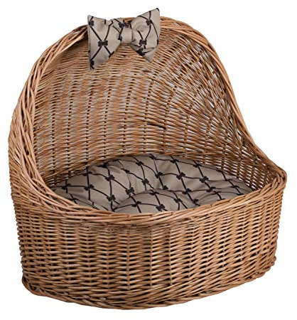 e-wicker24 Alles aus Weide Cremefarbene Tierhütte aus Weide Katzenkorb mit Kissen Katzenlager Tierkorb geflochten