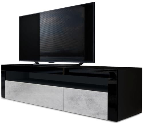 Vladon Lowboard Valencia, Made in Germany, TV-Kommode mit 1 offenem Fach und 2 Klappen, Schwarz matt/Beton Oxid Optik/Schwarz Hochglanz (155 x 46 x 40 cm)