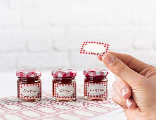 80 Etichette Adesive, piccole per barattolini, scacchi bianchi e rossi impermeabili, lavabili, per marmellate confetture e confezioni regalo, mis: 45x25 mm