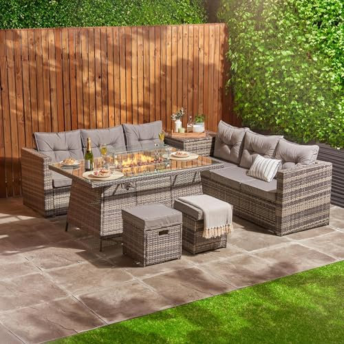 Rattan Garden Furniture With Fire Pit Table | 6 Piece 8 Seater Outdoor Furniture Set With Sofa Stool & Cushions | Rattan Corner Table Sofa & Chairs L Shape Grey..