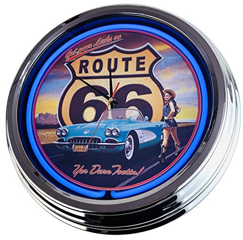 Neon Clock Route 66 WallClock Deko-Clock LeuchtClock USA 50's Style Retro NeonClock Dining Room Kitchen Living Room Office (Blue)